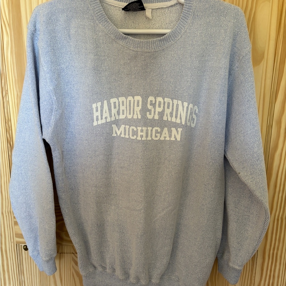 Blue Crew Neck Sweater with Collegiate Print